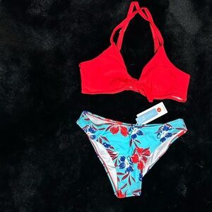 CUPSHE Women’s Red Bikini Top Floral High Waist Bottom Swimwear NWT Size L Beach